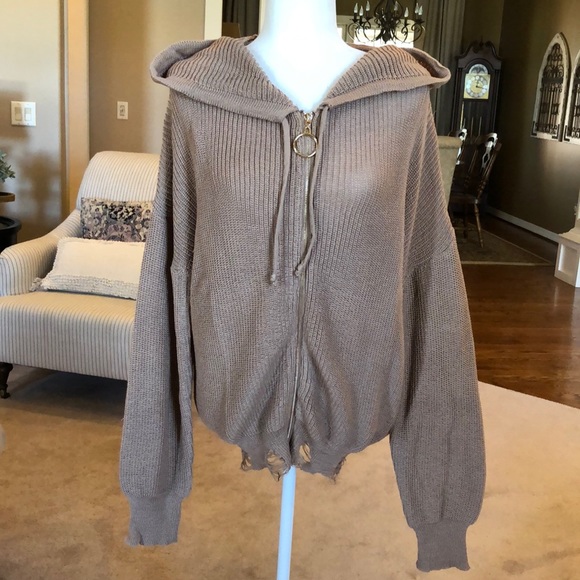 Oversized front zipper knitted hoodie sweater - Picture 5 of 16